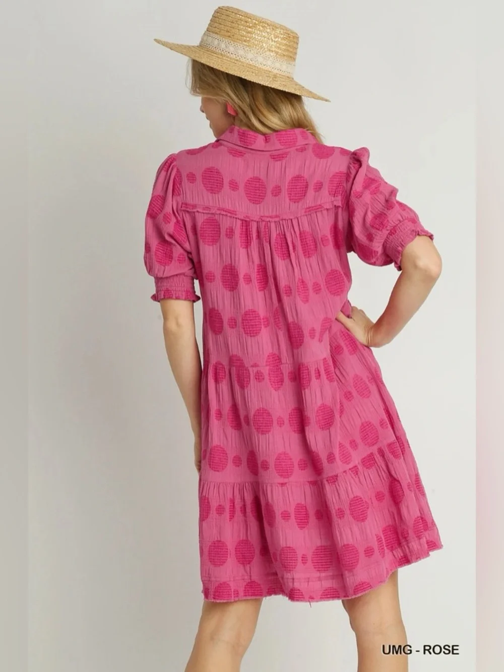BNWT Rose Umgee Swiss Dot Jacquard tiered mini Dress w/ Smock Puff Sleeves - Picture 2 of 6